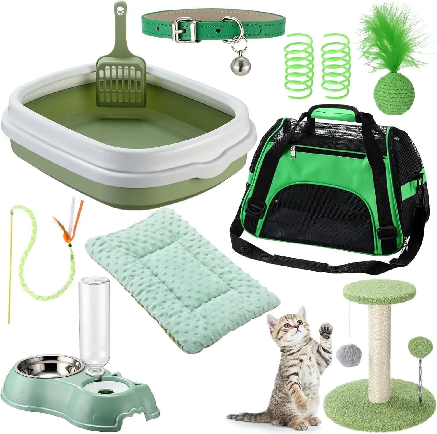 Kit di 10 Pezzi per Gatti da Interno: Lettiera, Giocattolo per Gatti, Trasportino Pieghevole, Struttura per Arrampicarsi, Tappetino, Collare, Ciotola Automatica per Cibo