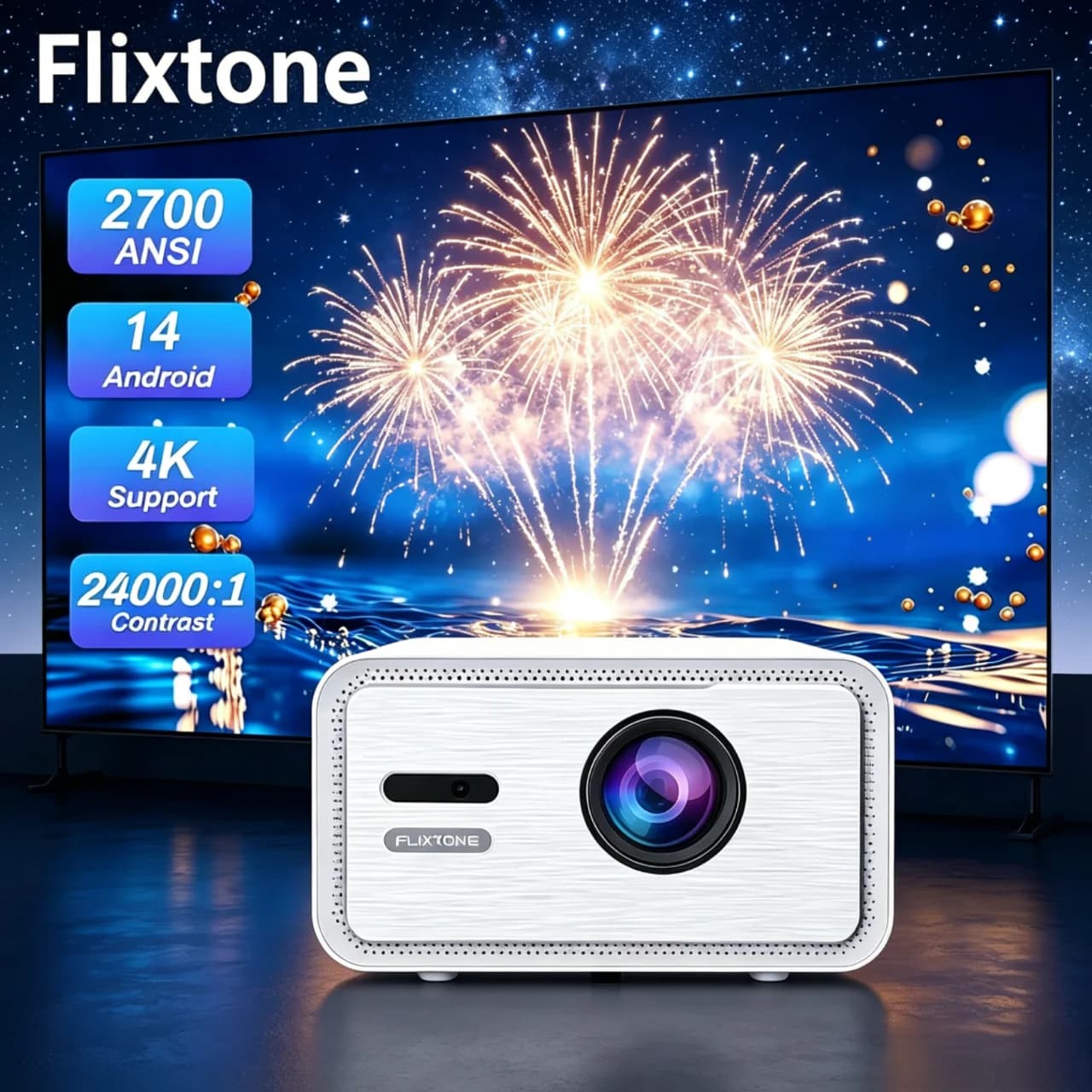 Proiettore Flixtone D9W MINI Pro Android 14, 2700 ANSI 4K, Proiettore Cinematografico Full HD 1080P, Smart TV Video LED per Home Theater