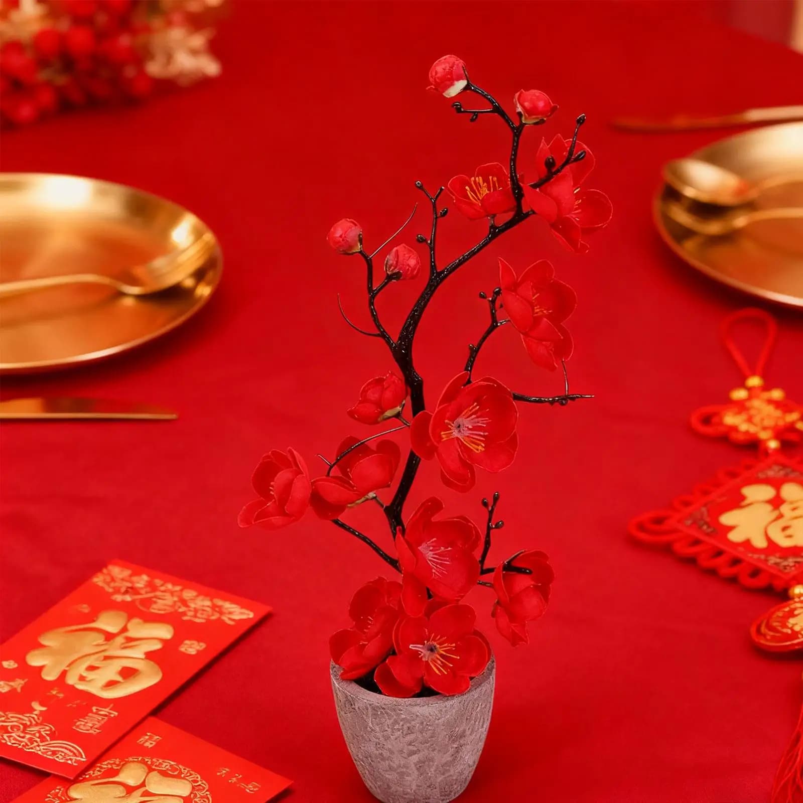 Desktop Ornament Artificial Plum Blossom Plant Faux Flower with Vase for Office Table Decoration Living Room