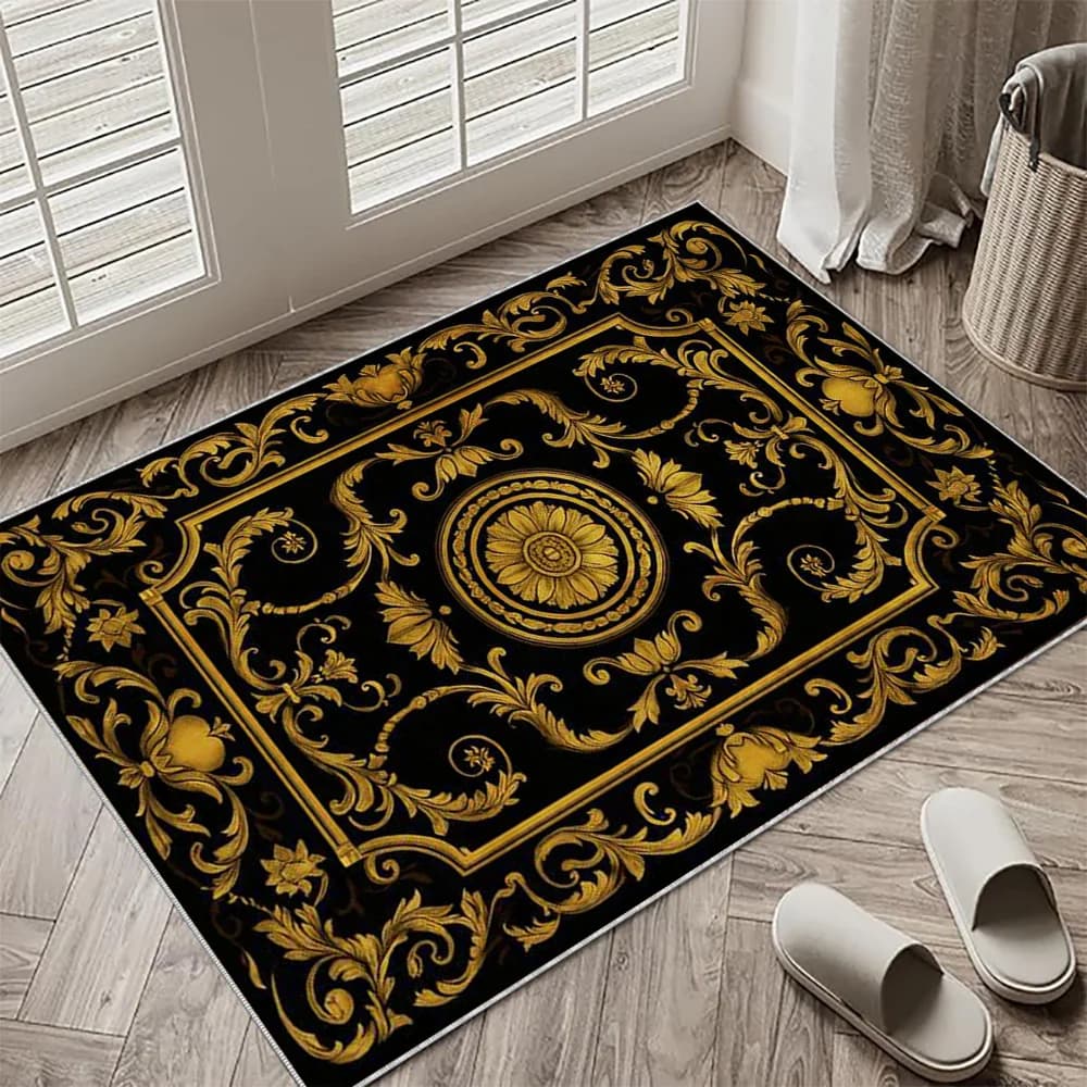 Tappeto di Lusso Nero e Oro con Stampa Floreale Barocca, Tappeto in Flanella Peluche per Soggiorno e Camera da Letto, Decorazione Casa, Tappetino Antiscivolo