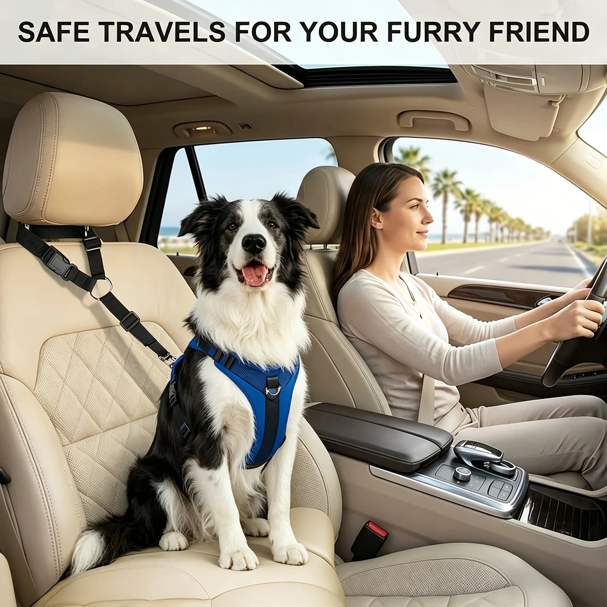Heavy-duty adjustable pet car seat belt, pet safety chest and back harness, suitable for all dog breeds and vehicles