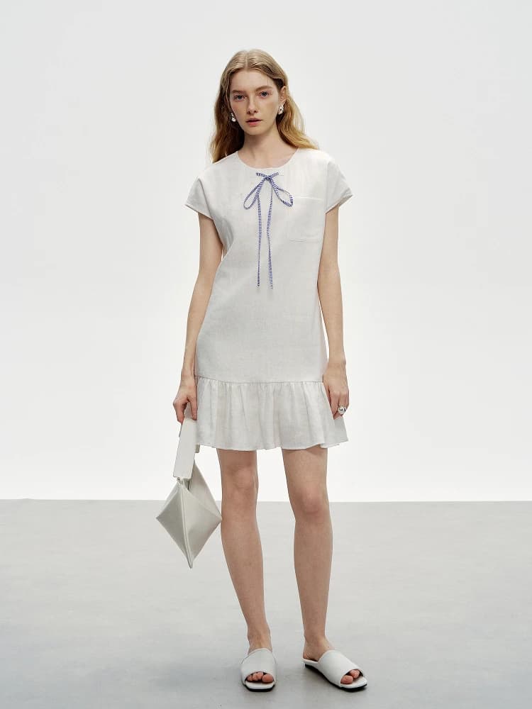 Abito Estivo Casual in Lino Bianco, Vestito Elegante da Donna con Gonna Corta a Palloncino, Vita Larga Annodata e Maniche Corte