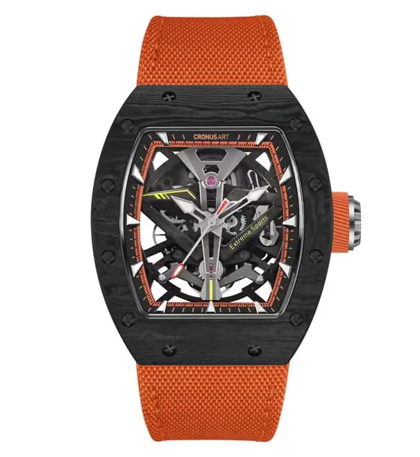 CRONUSART Men Automatic Watch 50mm Carbon Fibre Case Tonneau Mechanical Wristwatch Luminous Skeleton Dial Nylon Strap