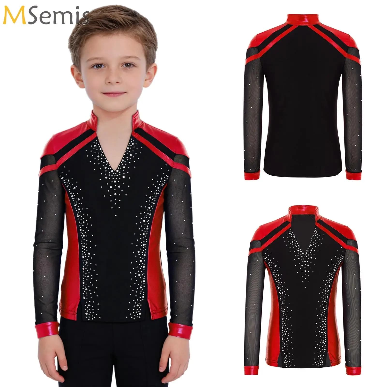 Ragazzo Figura Pattinaggio su ghiaccio Top da ballo Manica lunga Orlo diviso Strass Ginnastica metallica Costume da allenamento per spettacoli di danza latina