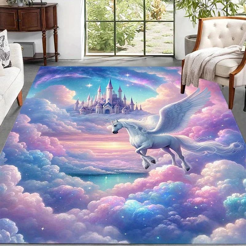 Tappeto magico con nuvole di unicorno volante, tappeto fantasy blu viola rosa pastello, tappetino morbido per la cameretta dei bambini con design a castello, arredamento da sogno