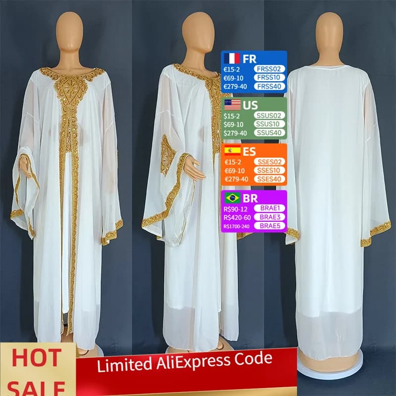 Two Piece Set Dress African Dresses for Women 2023 Traditional Gold Embroidery Clothing Islam Kaftan Abaya Musulman Robe Femme