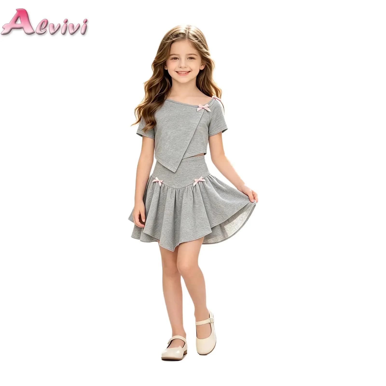 Kids Girls Y2K 2-piece Outfit Short Sleeve Asymmetrical Crop Top with Layered Ruffled Skirt Set for Daily Life Vacation Beach