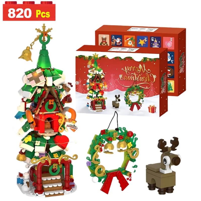 820PCS Christmas Series Building Blocks MOC with LED Light Sleigh Elk Christmas Tree Model Decorations Bricks for Kids Toys Gift