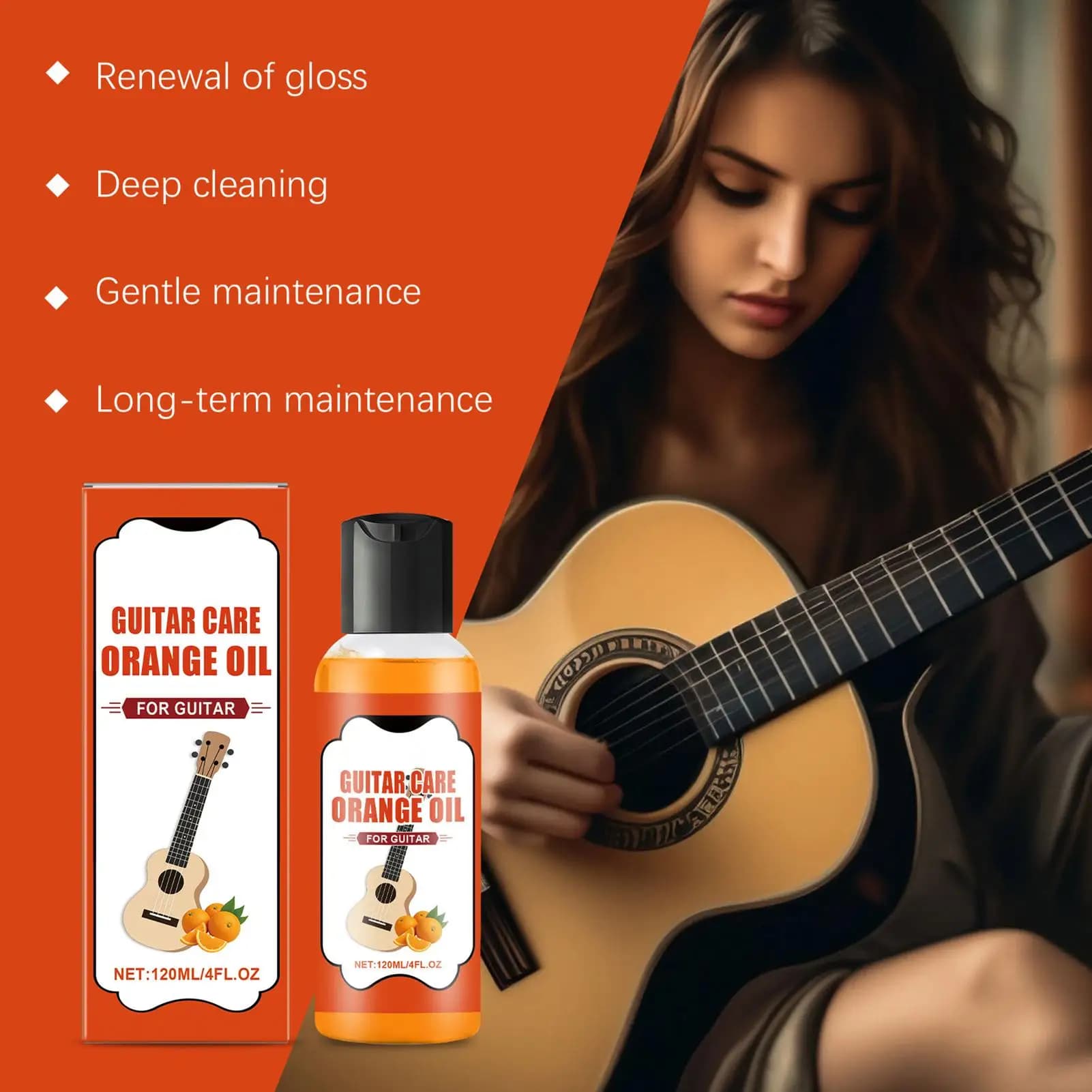 Olio per Tastiera da 120ml, Olio Detergente Arancione per Strumenti Musicali, per Tastiere di Chitarra, Ukulele, Violino, Banjo, Mandolino, per Musicisti