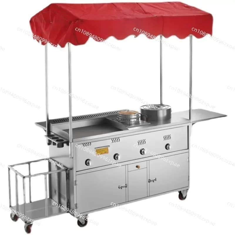 Carretto snack multifunzionale con fornello a piastra mobile, padella per carne brasata da mercato notturno, spiedini fritti, chiosco ambulante