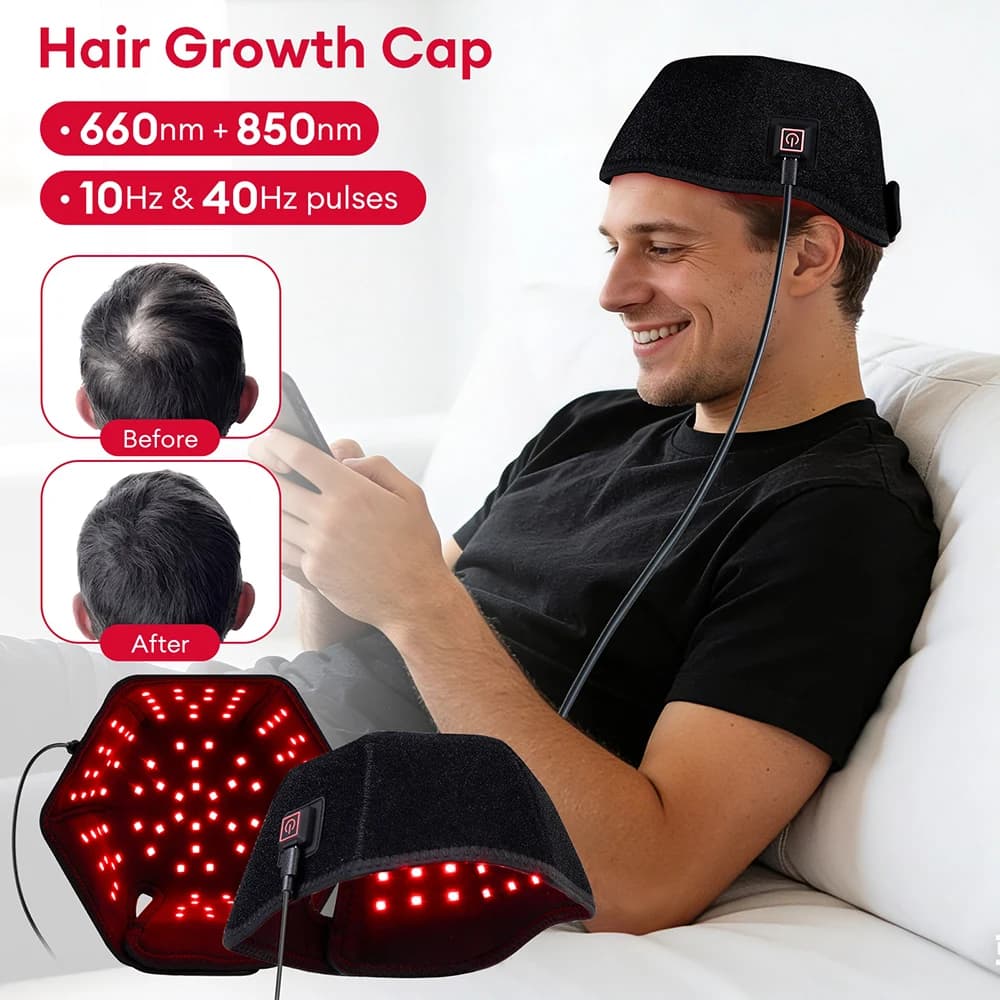Cappello per la Crescita dei Capelli con Luce Rossa e Infrarossi 650nm+808nm, Trattamento Anticaduta, Cura per la Ricrescita dei Capelli, Ripristino della Densità