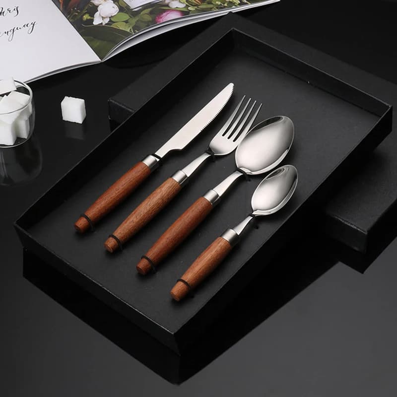 304 stainless steel cutlery set, fork, spoon, chopsticks, wooden handle, western food gift, kitchen dishes full sets dinnerware