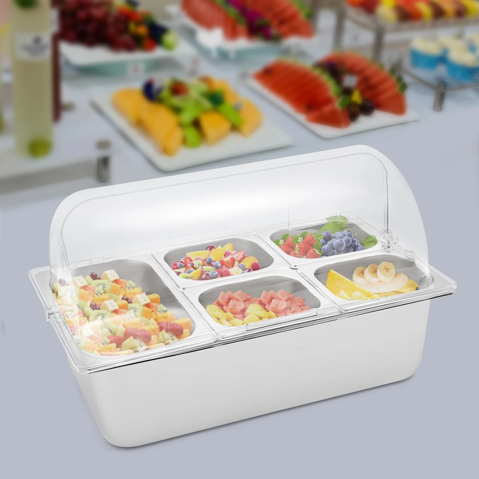 Flip Top Food Serving Container 5 Compartments Detachable, with Clear Lid &5 Spoons and 5 Clamps 3 Water Bags for Family Picnics