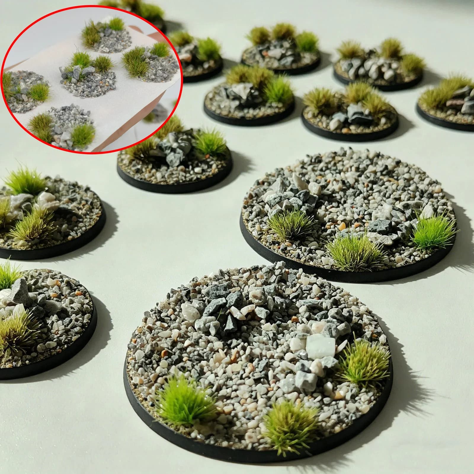 Materiali Decorativi in Miniatura per Basi di Modellini Warhammer, Pietre e Erba per Paesaggi, Adesivi Rotondi Diametro 23-48MM