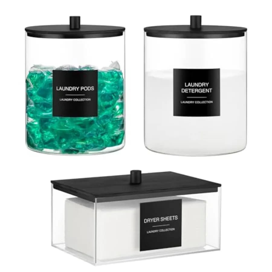 Glass Jars and Acrylic Dryer Sheet Holder, Laundry Pods Container with Bamboo Lid and 27 Labels, Powder Detergent Containers fo