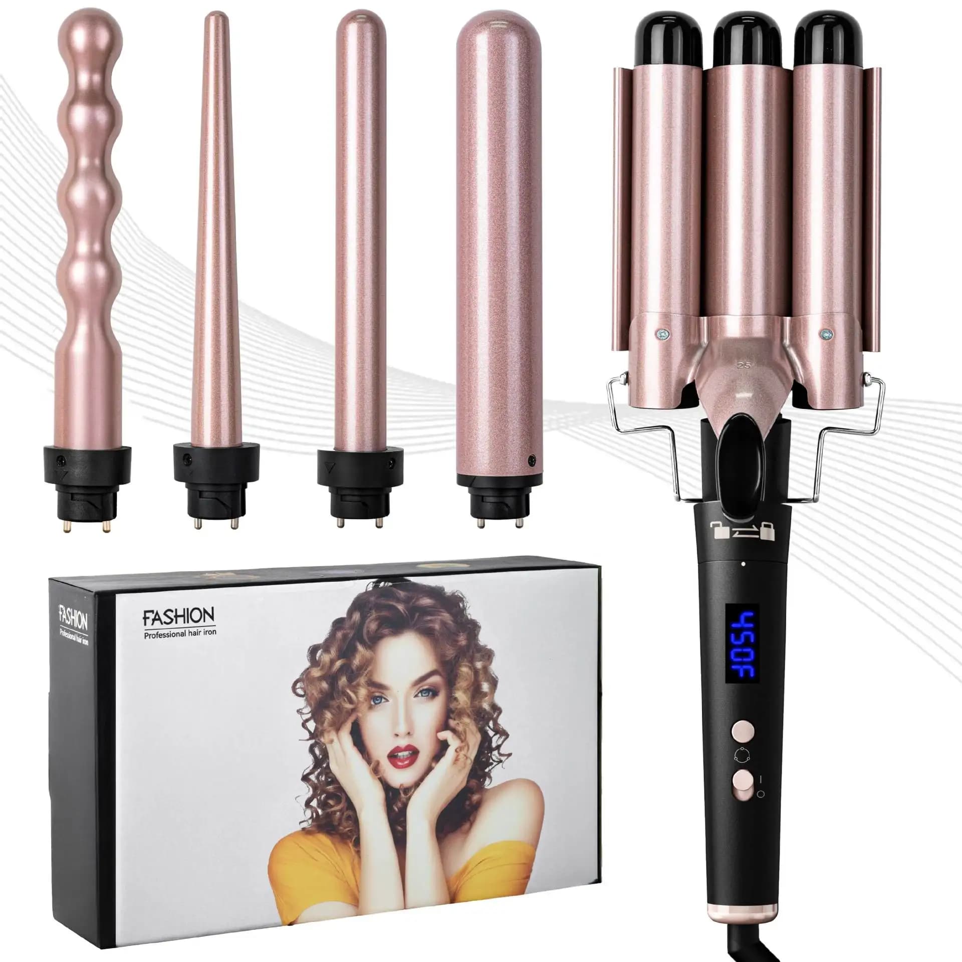 Set ferro arricciacapelli ionico 5 in 1 – Bigodino per capelli senza danni con botti intercambiabili per grandi onde e styling versatile