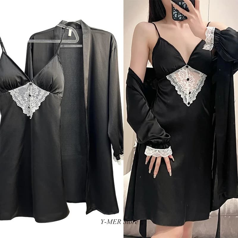 Lady Satin Twinset Robe Set Palace Style Lace Chemise Nightgown Satin Kimono Bathrobe Gown Spring Summer Homedress Sleepwear