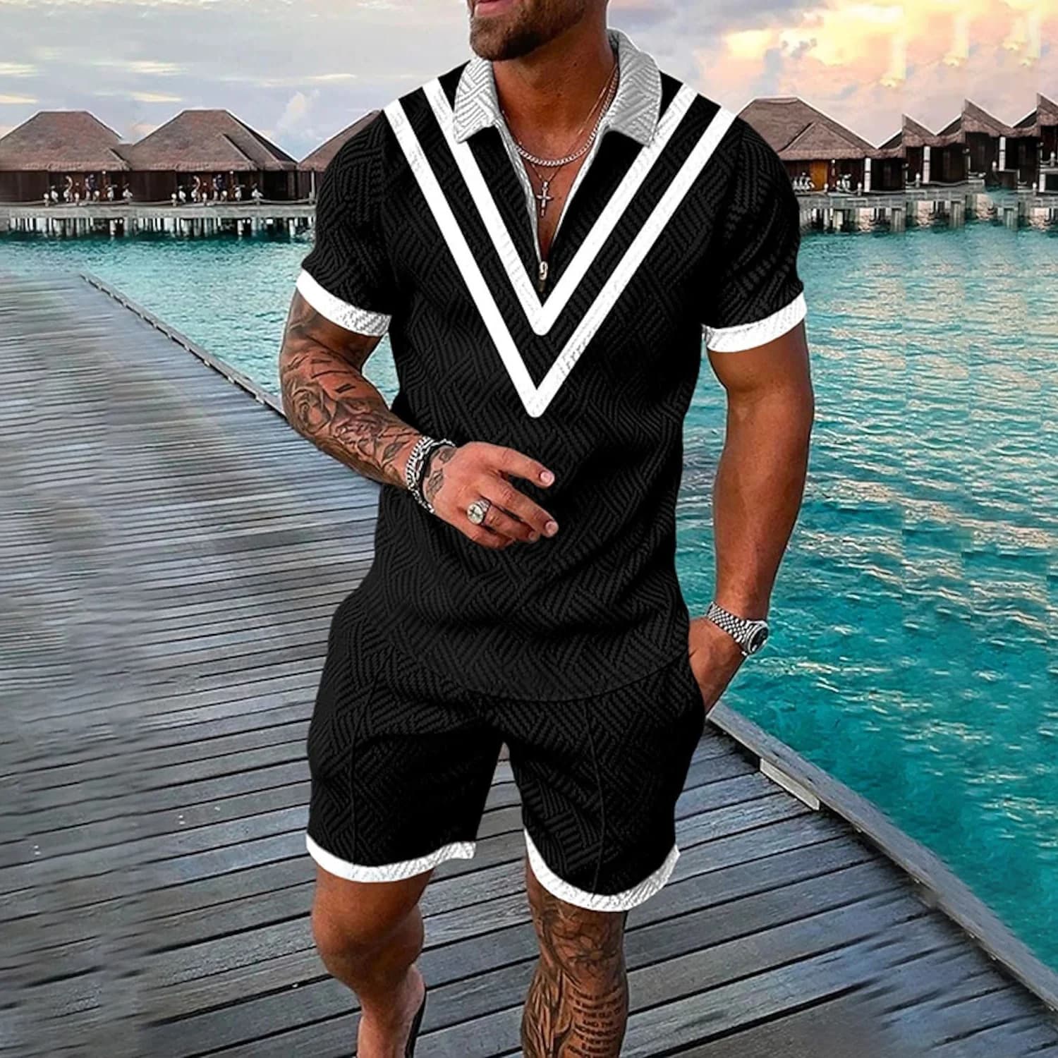 Divertente Completo da Uomo Stampato in 3D, Set 2 Pezzi alla Moda: Polo + Pantaloncini, Outfit Casual Estivo con Camicia a Maniche Corte e Cerniera