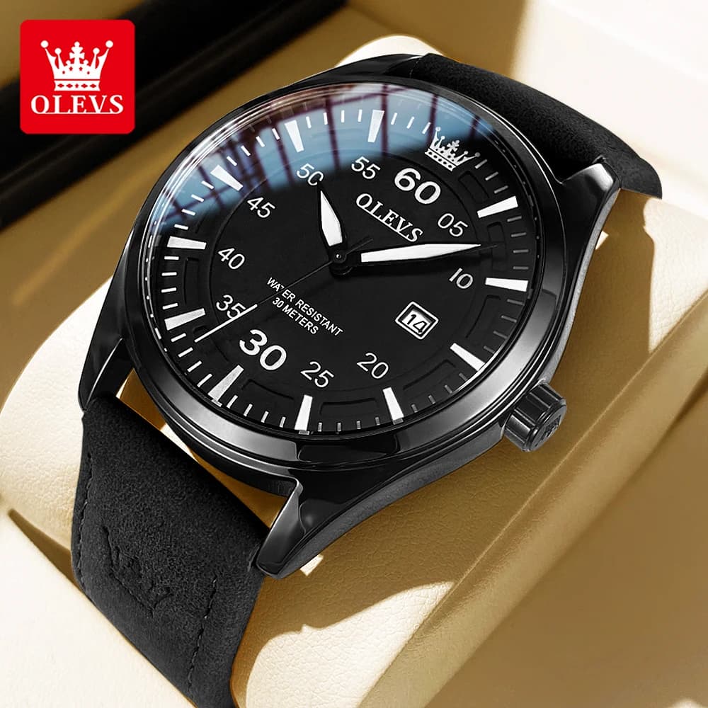 OLEVS 9962 High Quality Men's Quartz Watch, Nubuck Leather Strap, Waterproof, Bright, With Calendar, Casual Sporty wristwatch