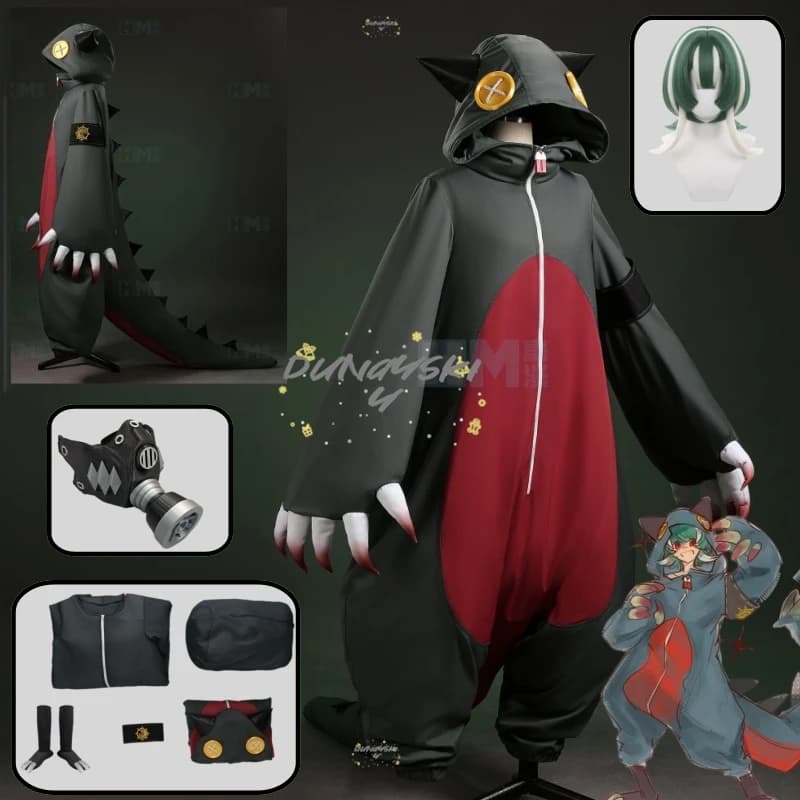 Costume Cosplay Completo Game Gachiakuta Kita Guita con Elegante Tuta in Peluche a Forma di Dinosauro, Parrucca e Pigiama Casual per Feste e Convenzioni