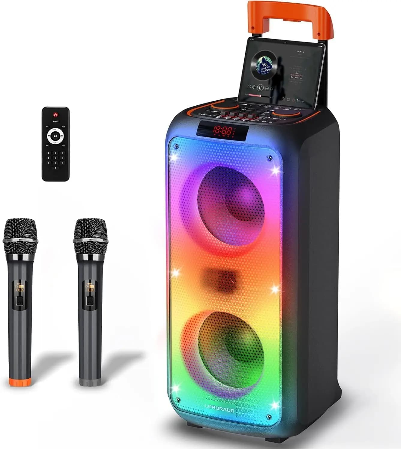Macchina Karaoke Portatile con 2 Microfoni, TWS e LED per Feste in Casa e all'Aperto, Supporta TF/USB/AUX