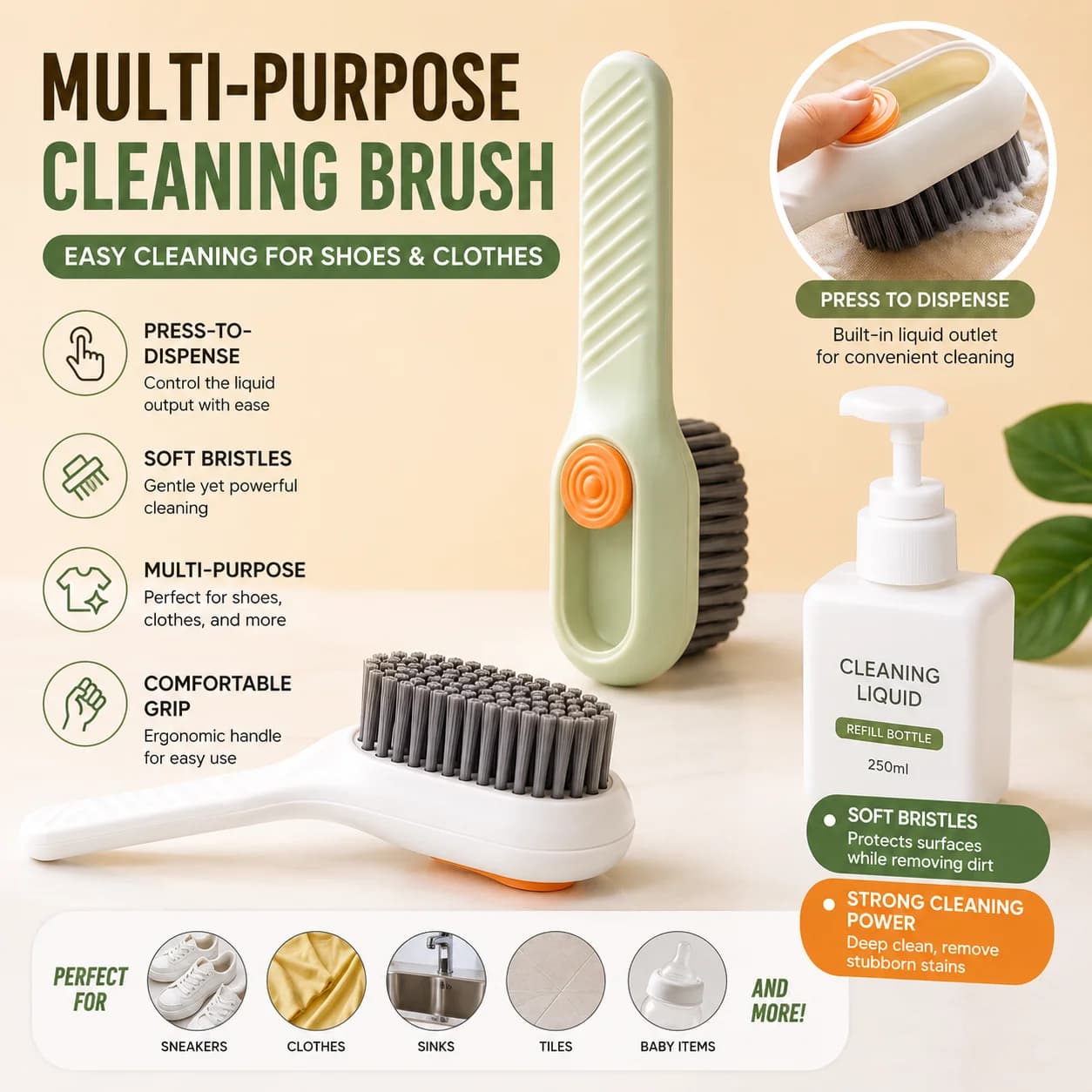 Multi functional liquid dispensing shoe brush for home use, press to dispense liquid, wash shoes, brush shoes, press type