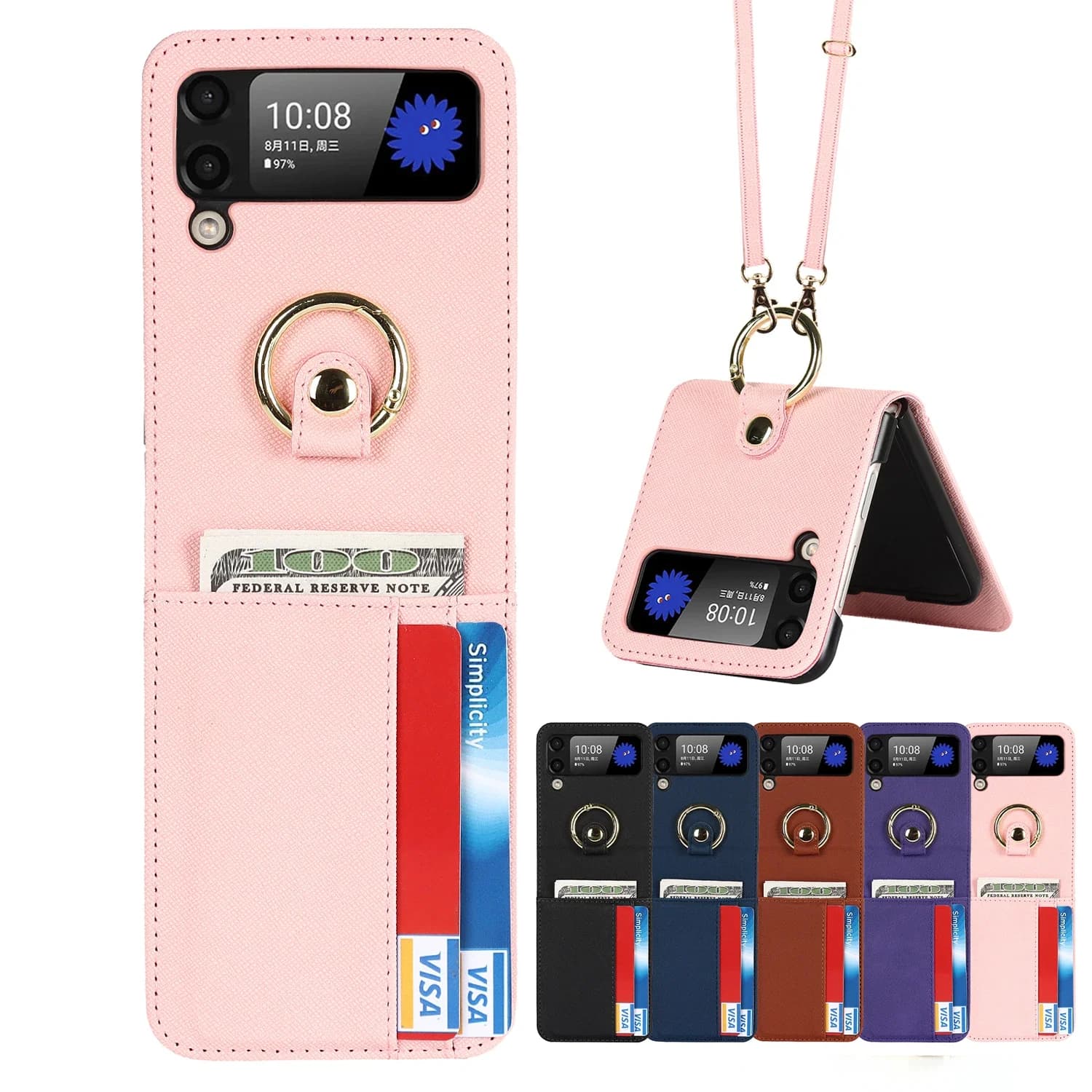 Crossbody Cards Holder Case With Ring Lanyard Luxury PU Leather Cover For Samsung Galaxy Z Flip 4 3 5G stand Case Flip4 Fundas