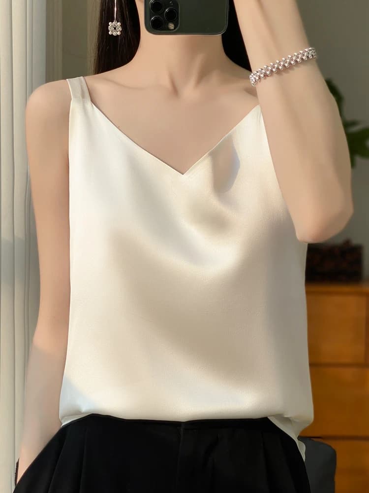 Spring Summer New Lightweight Silk Women's Blouse V-Neck Short Top Inner Vest Jacket Backless Commute Style Loose Fit