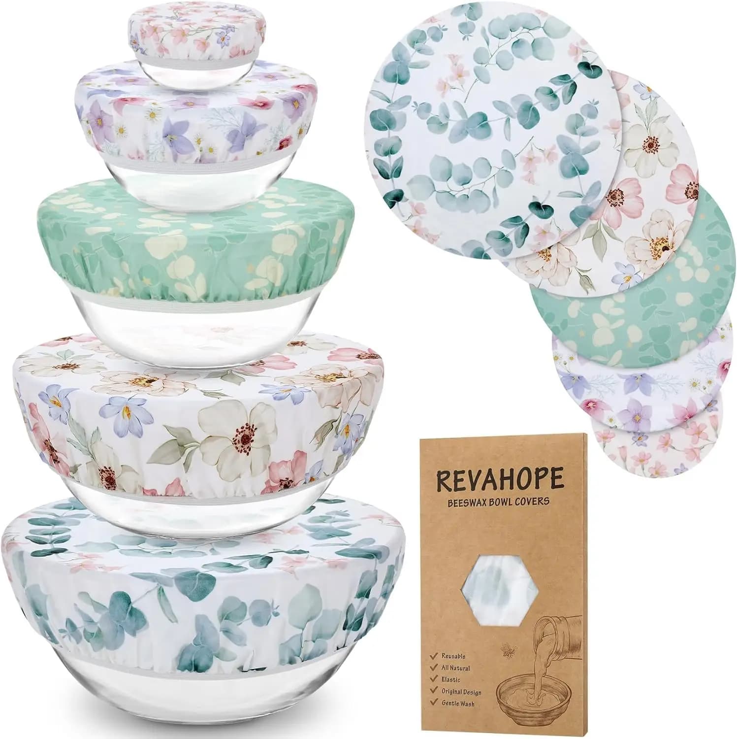Set di 5 Coperture Riutilizzabili in Cera d'Api per Lievitazione del Pane e Conservazione degli Alimenti, Involucri in Cotone in 5 Misure