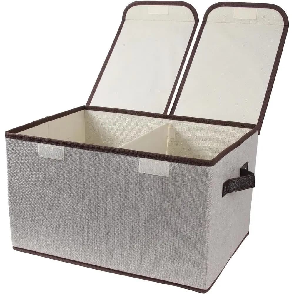 Collapsible Fabric Storage Box, 16.5 x 11.8 x 9.8, Double-Lid & Dividers, Grey, Ideal for Home, Closet, Office Organization