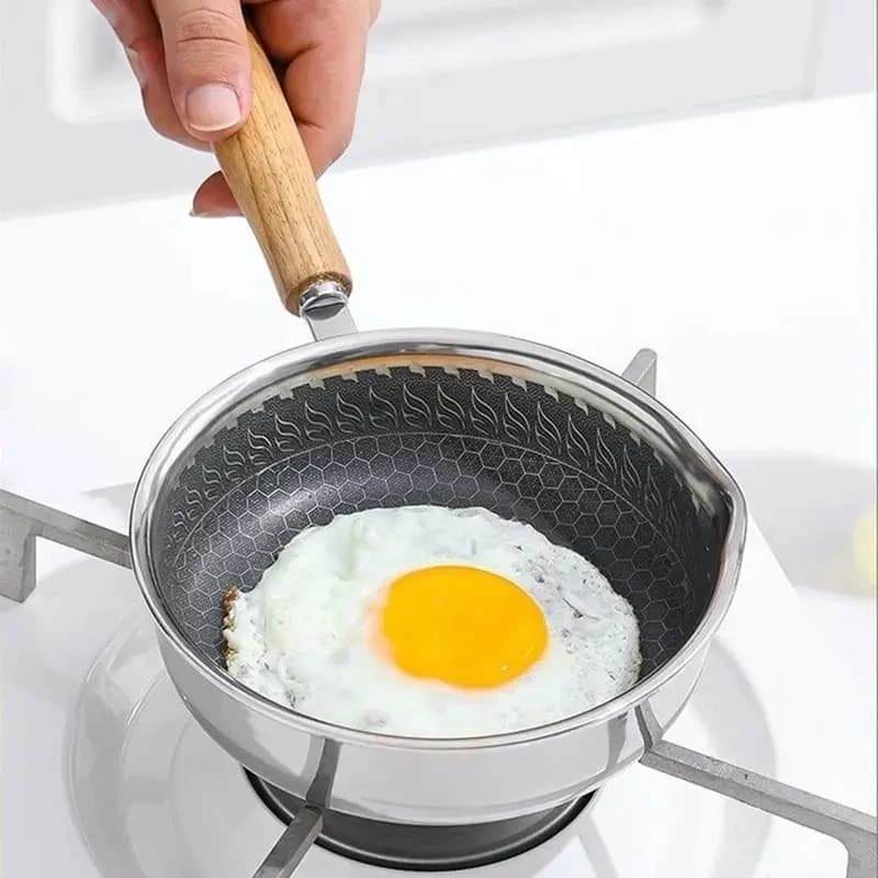 Padella in Acciaio Inossidabile Resistente con Manico in Legno, Utensile da Cucina Multiuso per Casa, Hotel e Ristorante