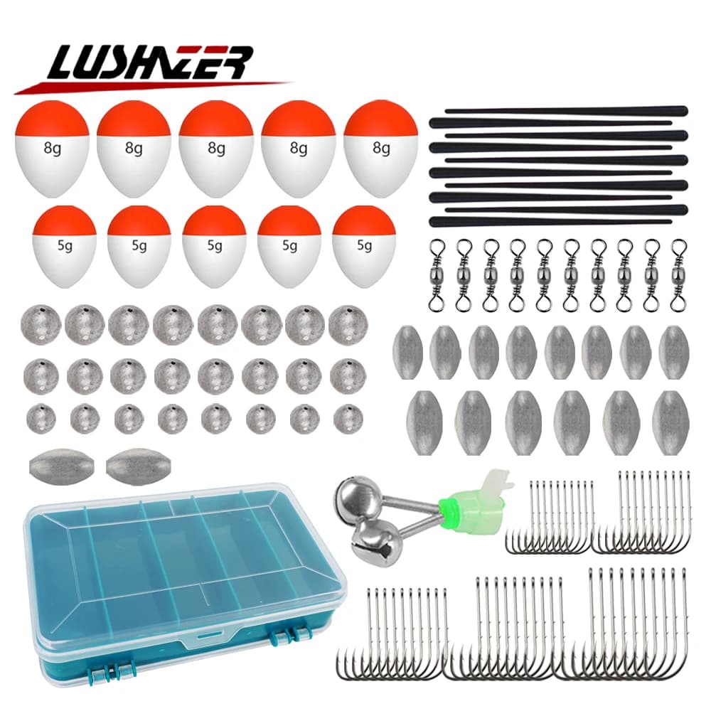 Kit di attrezzatura da pesca LUSHAZER con galleggianti, ami, piombi, girelle, stopper per lenze e scatola porta attrezzi per set di attrezzatura da pesca in acqua dolce