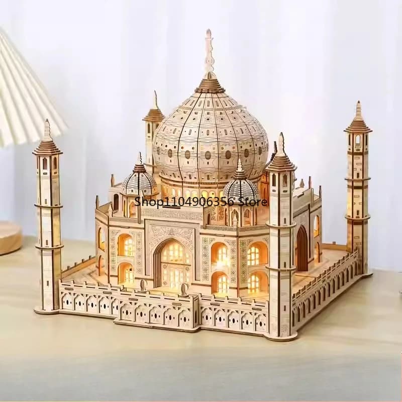 Puzzle 3D Modello di casa in legno Castello reale Taj Mahal con modello leggero Kit di blocchi di costruzione Giocattolo di assemblaggio Regalo per bambini adolescenti