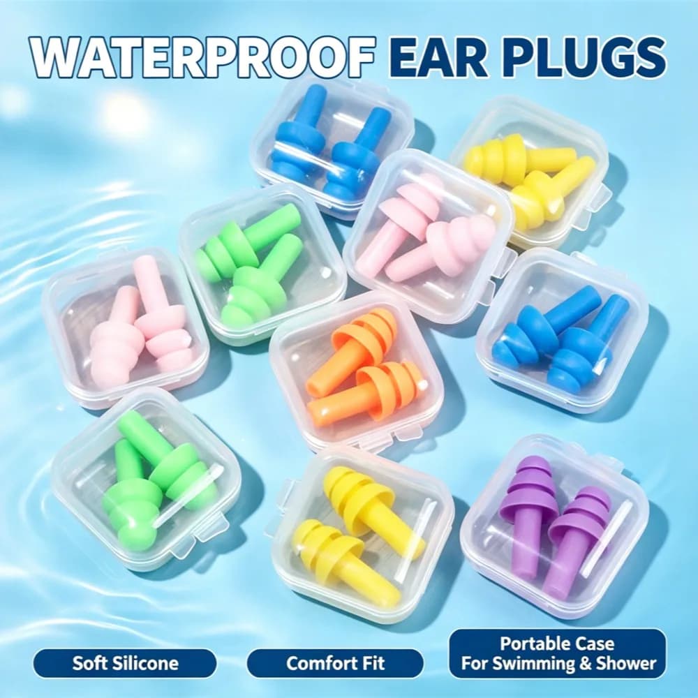 Silicone Waterproof Noise Cancelling Earplugs With Storage Box, Reusable For Swimming Sleeping Travel Water Sports Random Color