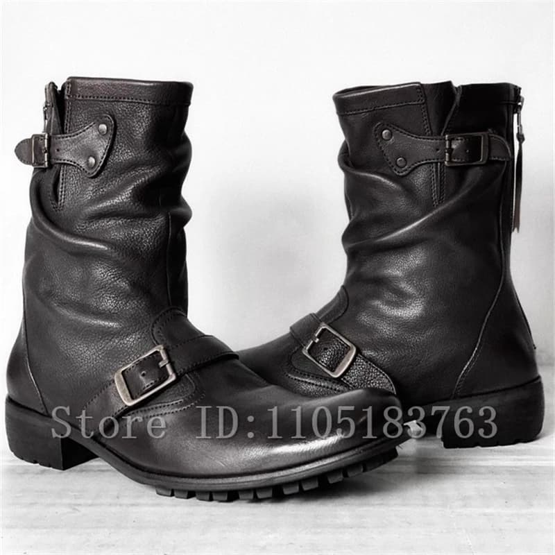 Retro Style Belt Buckle Black Motorcycle Boots Men's Pleated Thick Heels Back Zipper Vintage Chelsea Boots