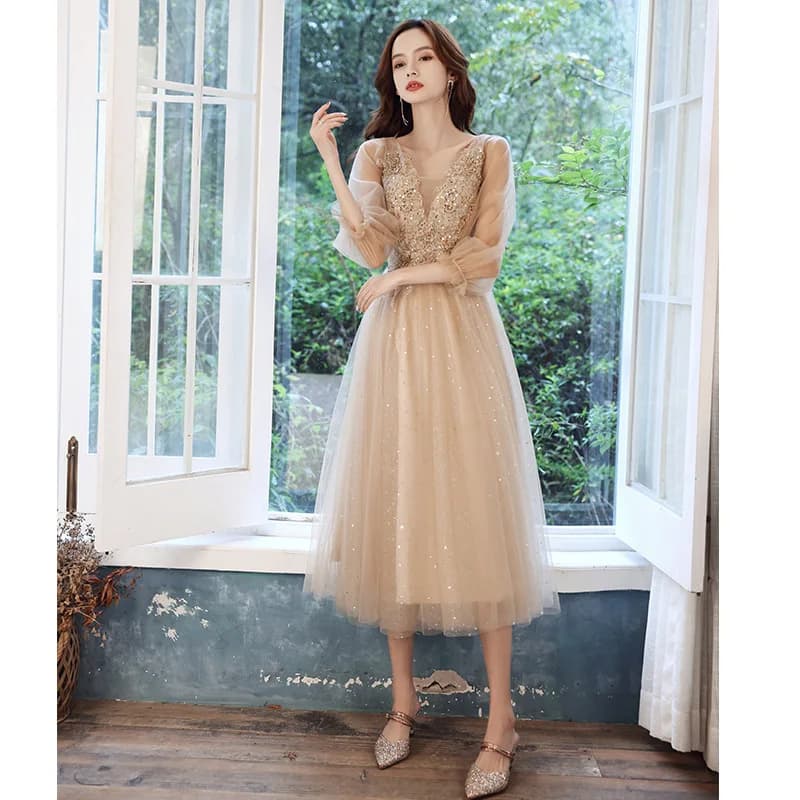 Long Sleeve Wedding Dress 2024 New Graduation Art Exam Evening Gown Best Friend Maids of Costume mid Waist a Line Skirt