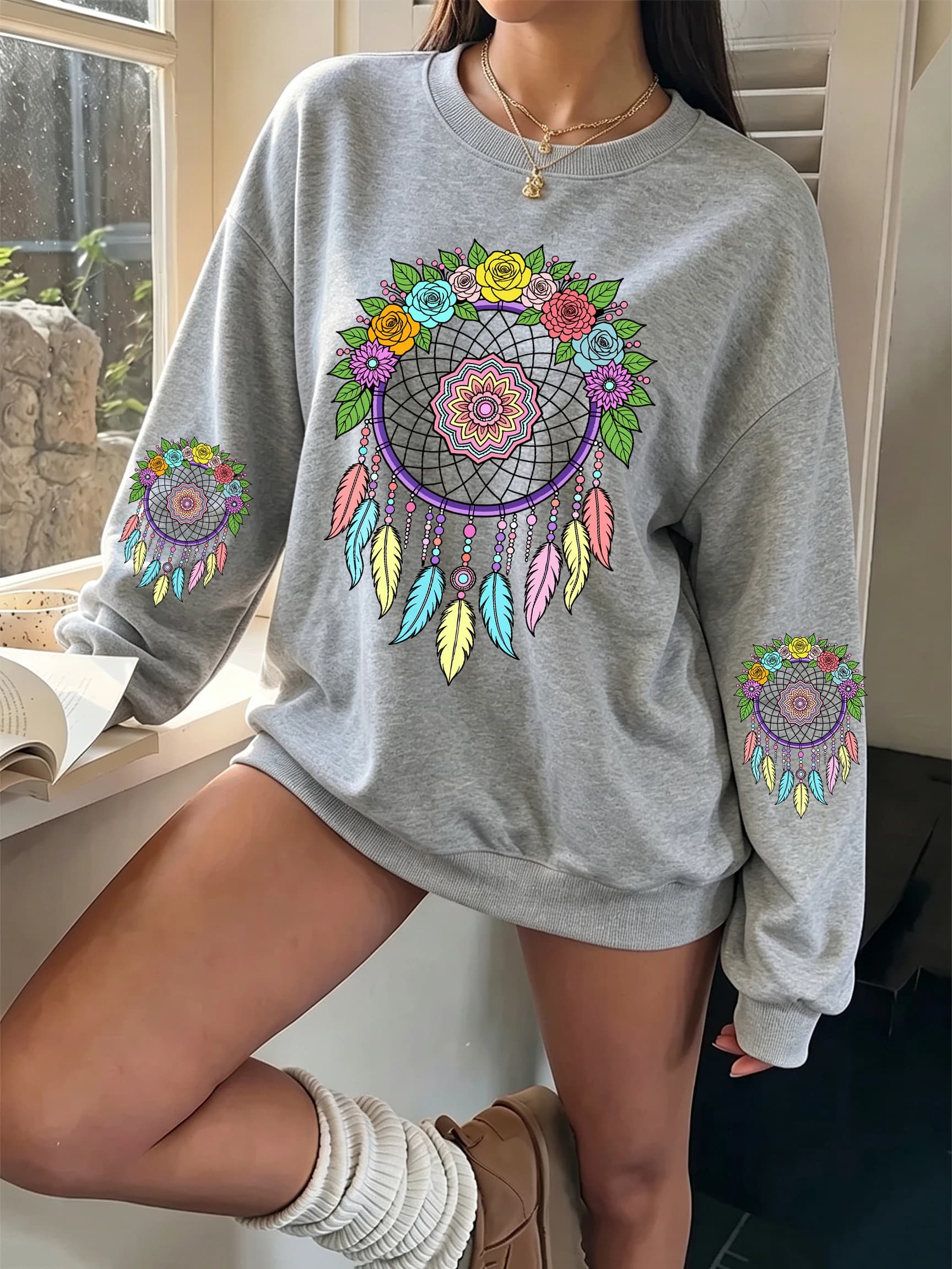Colorful Dreamcatcher Roses Feathers Print Women'S Pullover Fleece Jogging O-Neck Loose Crewneck Clothes Y2K Autumn Sportswear