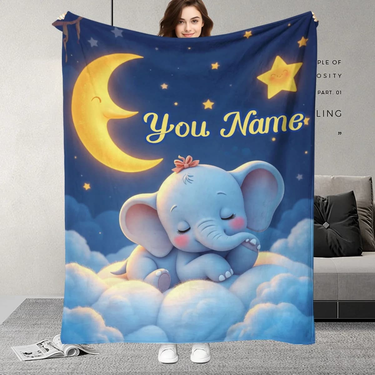 Coperta con nome personalizzato personalizzato, elefante da sogno blu cartone animato, regalo di compleanno per figlia e figlio, biancheria da letto morbida, caldo, divano