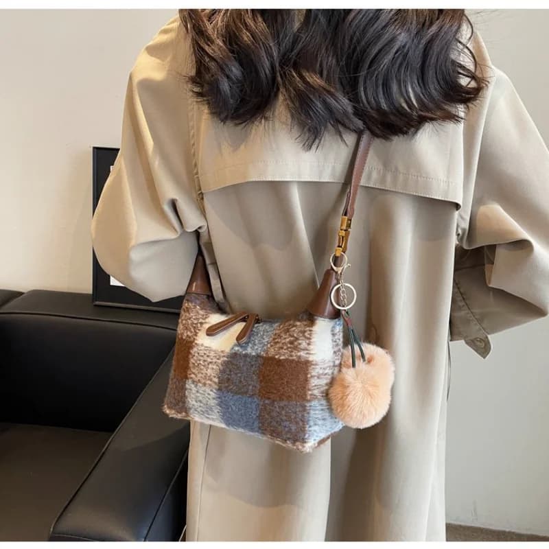 CEEKAY 2026 Retro Plaid Wool Crossbody Bag, Cute Pom Pom Decor Shoulder Bag, Versatile Daily Handbag for Winter & Autumn