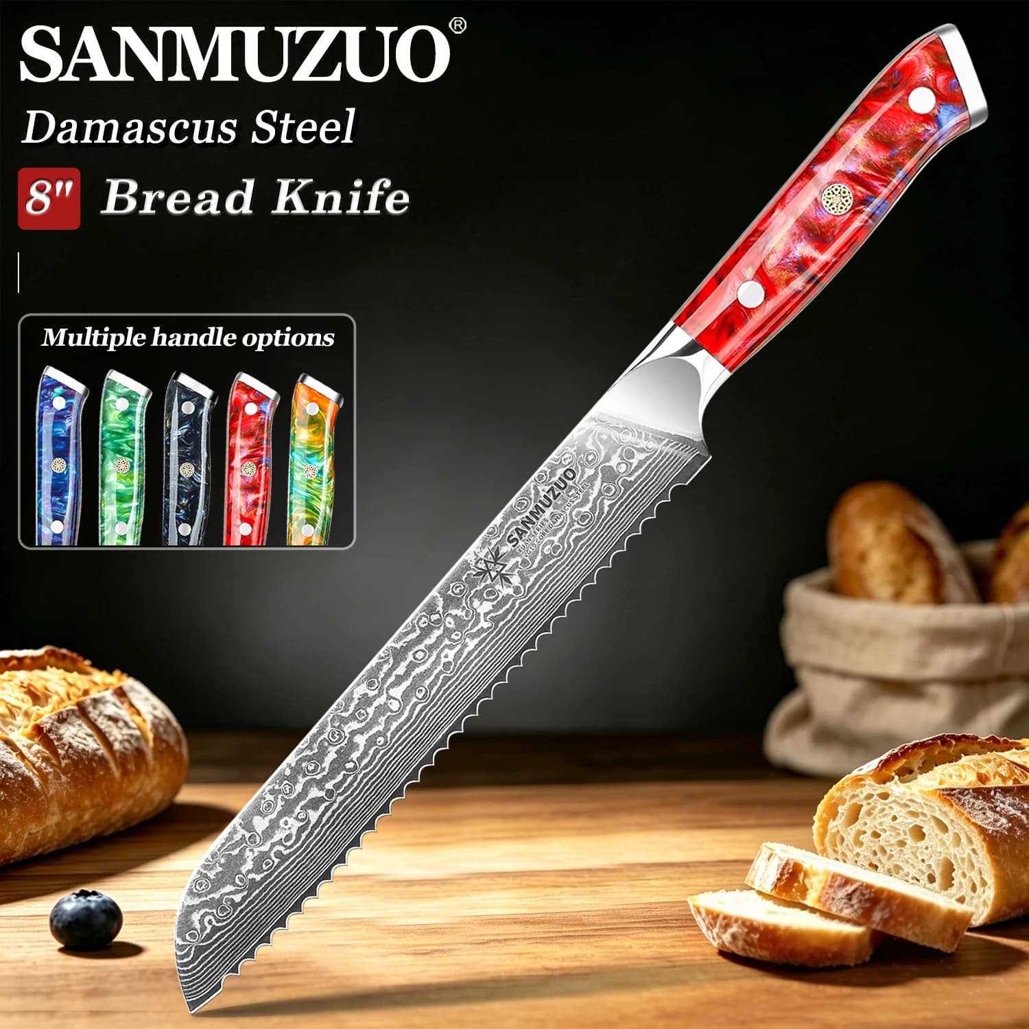 SANMUZUO 8" Serrated Bread Knife ‑ Damascus Steel Kitchen Knife with Premium Resin Handle for Bread Pastry Daily Baking Cooking - XUAN Series