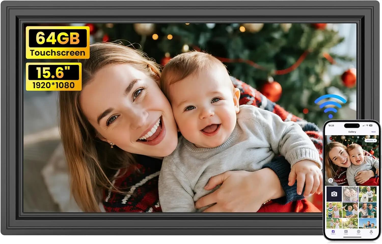 15.6" WiFi Digital Picture Frame 64GB, FHD IPS Touch Screen, Share Photos & Videos via App, Support SD/USB, Gift for Parents