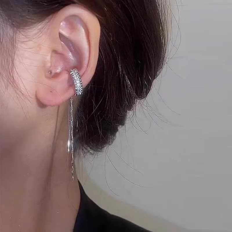 ZAKOL Korean Fashion Crystal Tassel Non-Piercing Cuff Ear Clip Earring For Women Shiny Rhinestone Cartilage Piercing Jewelry