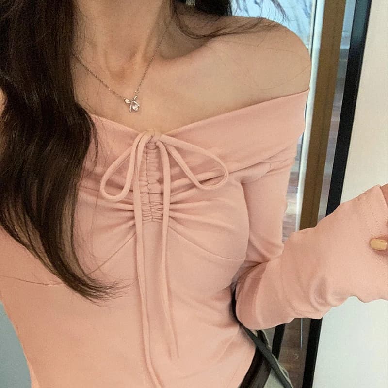 Slim Fit Long Sleeve One Shoulder T-Shirt with Knot Design Women's Fashionable Short Style Cotton Blend Top