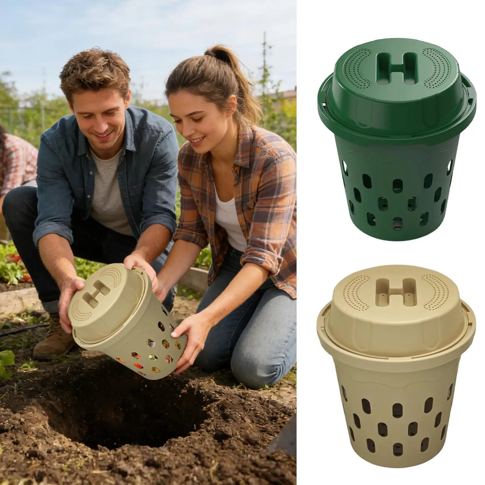 Compostiera interrata con fori di ventilazione, contenitore per compost interrato per giardino, per cortile, parco, aiuole rialzate, orto.