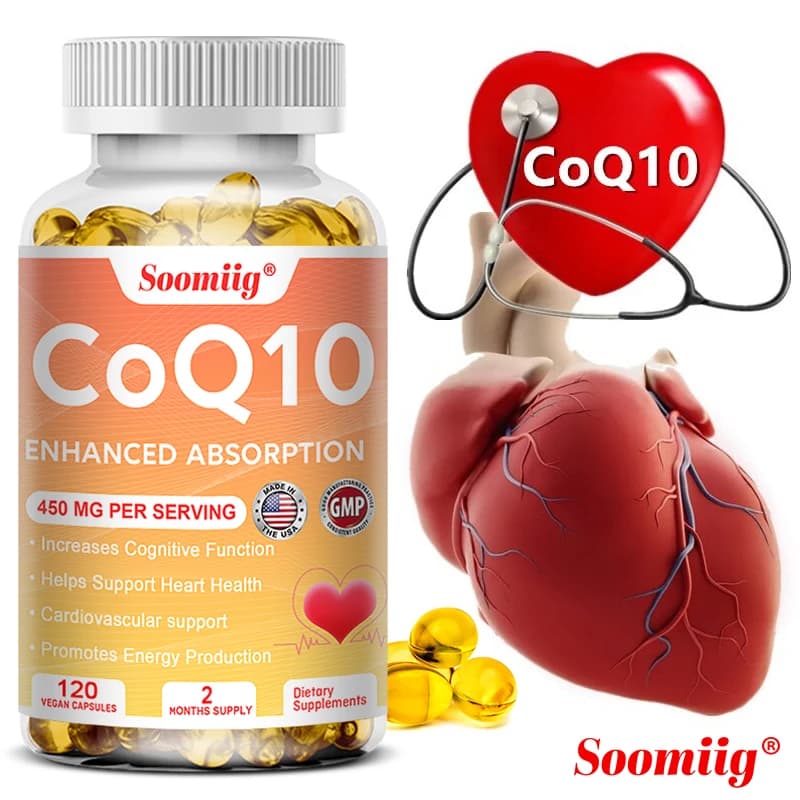 Coenzyme Q10 COQ10 capsules for heart and cardiovascular health supplement, healthy brain function, increases immunity