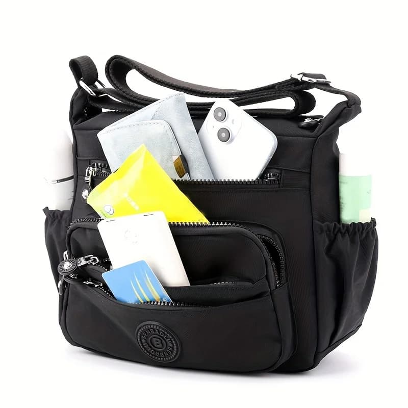 Lightweight Black Nylon Chic Crossbody Bag for Women, Adjustable Strap, Multi-Pocket Design for Travel, Shopping, Dates & School