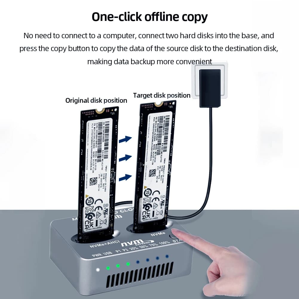 Box Esterno per Disco Rigido USB3.2 Tipo C con Doppio Slot M.2 NVME SSD, Clone, Gen2X 20Gbps, Compatibile con SSD M.2 M Key