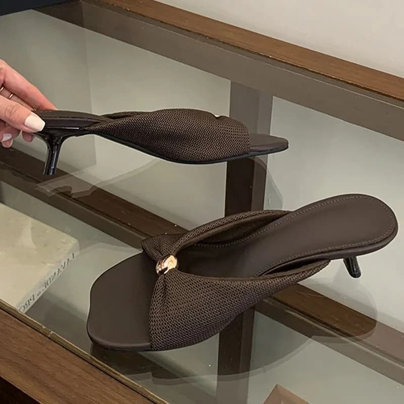 Aneikeh Brown Retro Women Mules Kitten Heel Sandals Square Toe Metal Buckle Slip on Summer Low Heels Slippers Party Shoes