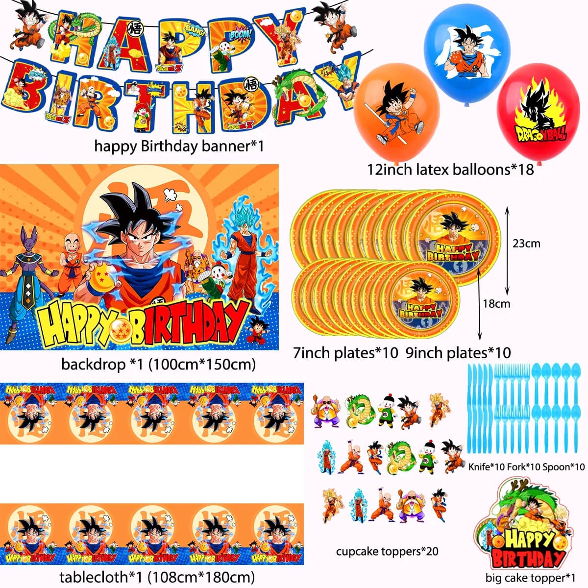 Set di Articoli per Feste a Tema Dragon Ball, Decorazioni Goku, Piatti e Bicchieri Gonfiabili in Foil, Tovaglioli, Decorazioni per Compleanno