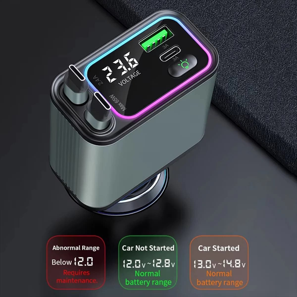 # Cavo retrattile tipo C 52R, caricabatteria per auto 90W 4 in 1 caricabatteria per telefono da auto a ricarica rapida con retrattile, nero e grigio